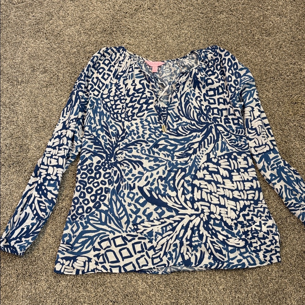 Lilly Pulitzer royal blue and white water design- 100% Rayon- very soft blouse!